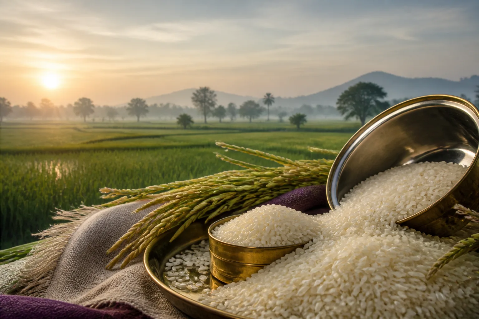 Rice grains and paddy fields at sunrise